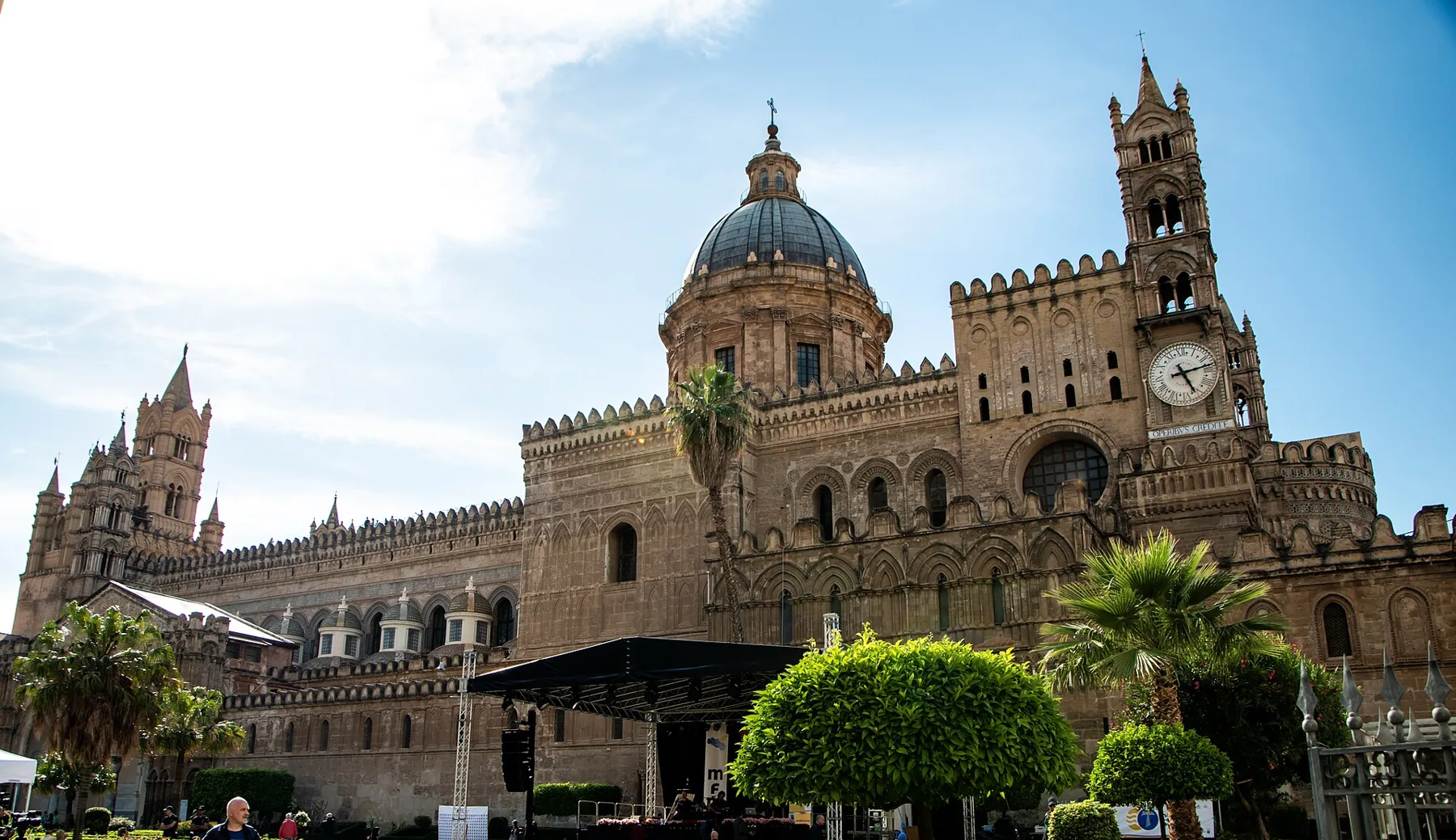 Palermo Cathedral with its long stone facade and domed roof