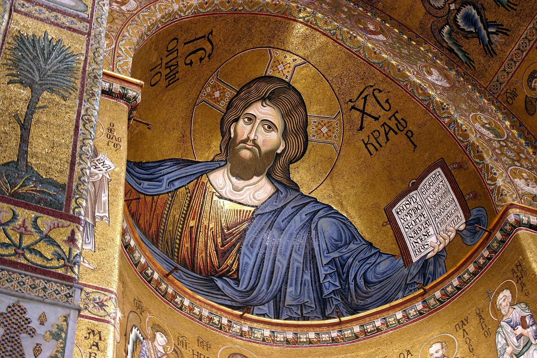 Golden mosaics depicting Christ Pantocrator inside Monreale Cathedral